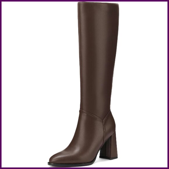 Knee High Boots Chunky Heel Pointed Toe Side Zipper Tall Boots